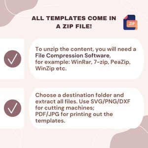 May include: A pink and white graphic with a checkmark in a circle and text that reads "ALL TEMPLATES COME IN A ZIP FILE!" with a small icon of a zip file. The text below the graphic explains how to unzip the files and what file types are included.