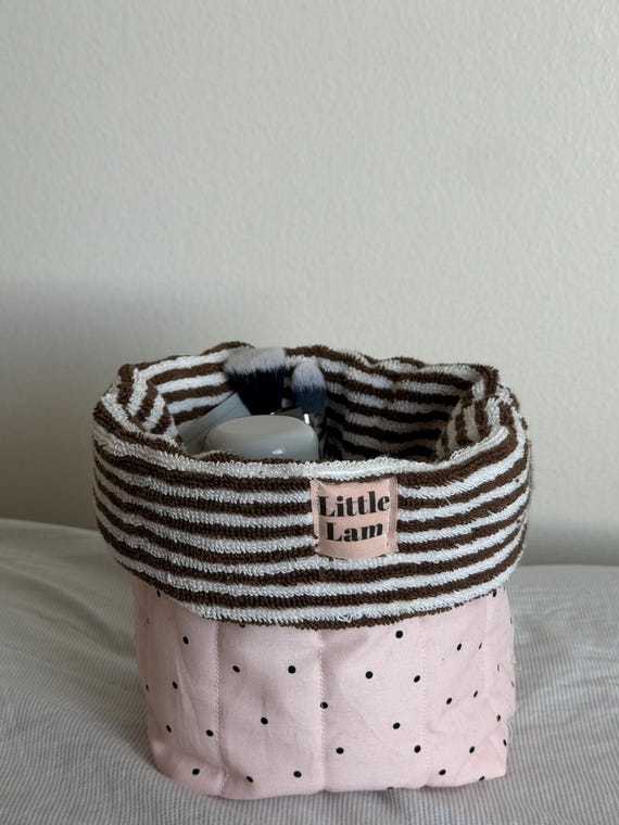 Handmade Medium Towel-Lined Polka Dot Makeup Storage Bucket
