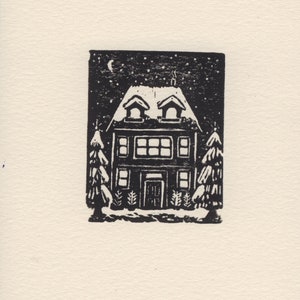 Impression hiver lino, neige, maison, cadeau, fait main, impression minuscule, art mural, décoration murale, décoration d'intérieur, illustration, carte postale, linogravure, Noël