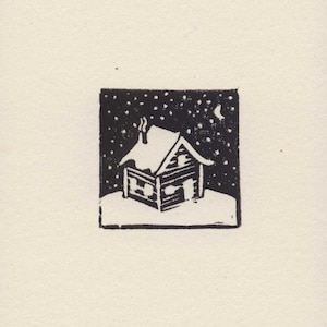 Impression Cabin Snow Lino, maison, cadeau, fait main, impression minuscule, art mural, décoration murale, décoration d'intérieur, illustration, carte postale, linogravure, Noël