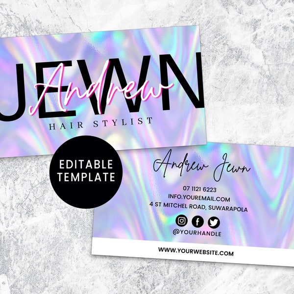 DIY Hologram Business Card Template, Hair Stylist, Photographer, beauty salon, Minimalist Design, Editable Business Card for Small Business