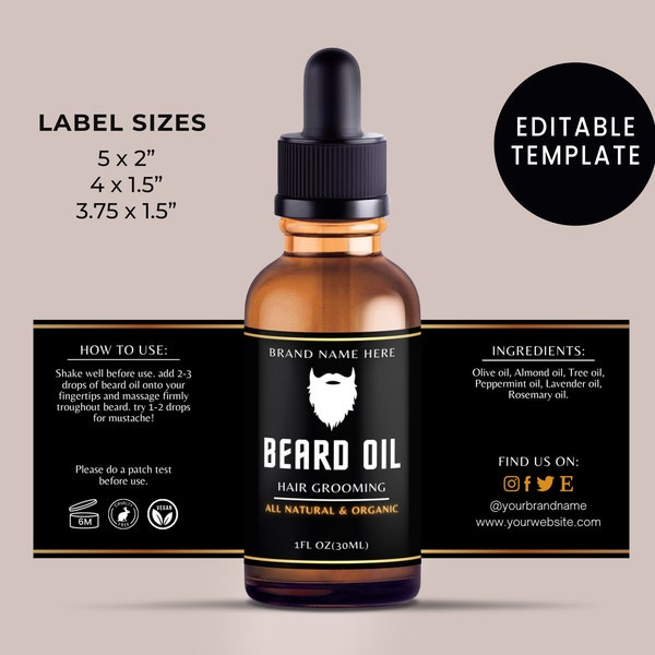 Beard Oil/Essentail Oil Bottle Label Template - Hair Oil Label, Editable Template, Oil Bottle Label Fits 1oz, 2oz, 4oz Bottles CANVA