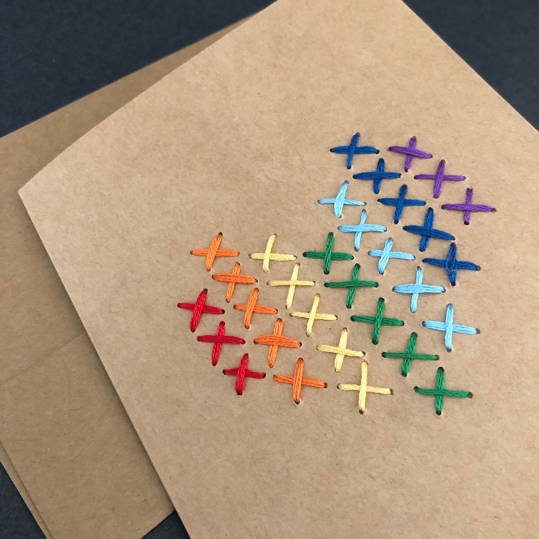 Hand Embroidery HEART -rainbow-greeting Cards With Envelope (A2) - Etsy