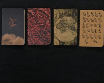 Peut inclure: Quatre petits carnets en papier marron avec des motifs différents. Le premier carnet a une couverture bleu foncé avec un nuage blanc et un motif de papillon blanc. Le deuxième carnet a une couverture rouge avec un motif de piment rouge. Le troisième carnet a une couverture marron avec un motif de carte du monde vintage. Le quatrième carnet a une couverture marron avec un motif de main répété.