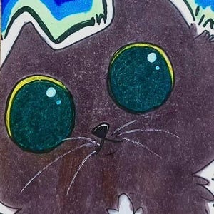 May include: A marker drawing of a dark brown cat with large, round, teal-colored eyes. The cat has a small black nose, white whiskers, and a patch of white fur on its chest. The background features layered, wavy bands of yellow, blue, and light green.