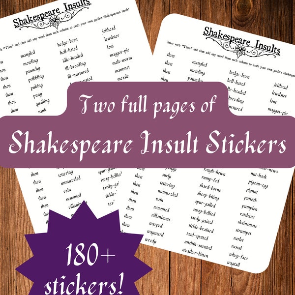Shakespearian Insults - two sheets of funny mix-and-match diy Shakespeare insults