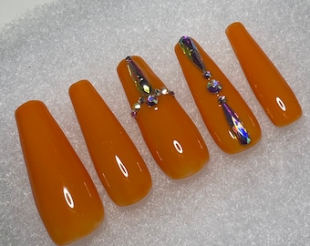 Orange Bling Press on Nails | Coffin