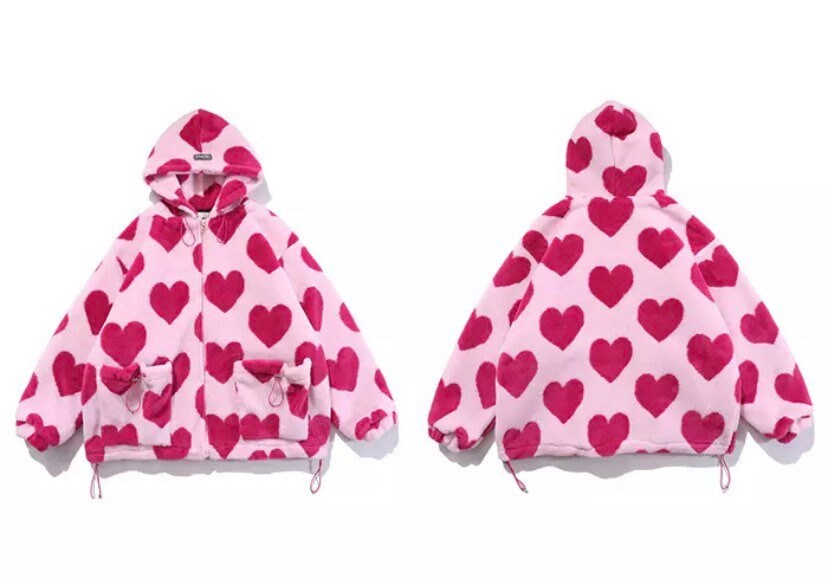 Oversized unisex heart patterned fleece jacket winter Etsy