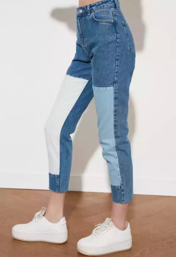 Blue Patchwork Denim Pants Multicolor 