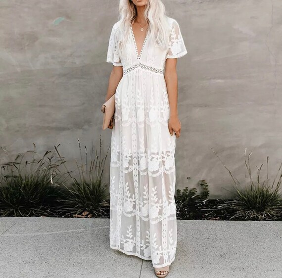 Embroidered Boho Lace Maxi Dress Mesh 