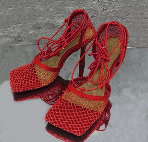 Square Toe Mesh Net High Heels Womens 