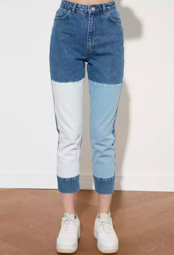 Blue Patchwork Denim Pants Multicolor 