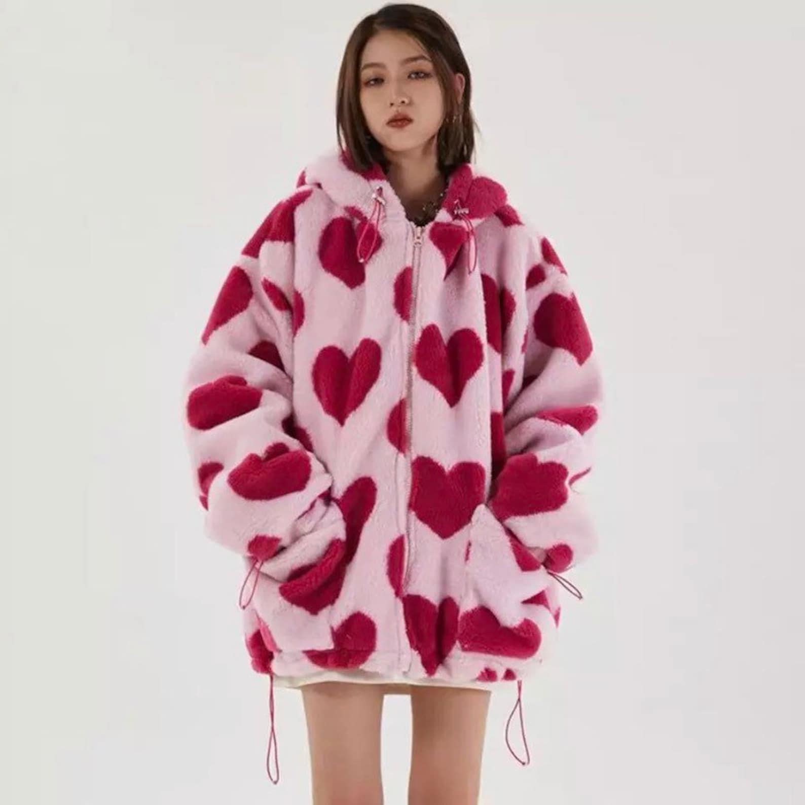 Oversized unisex heart patterned fleece jacket winter Etsy