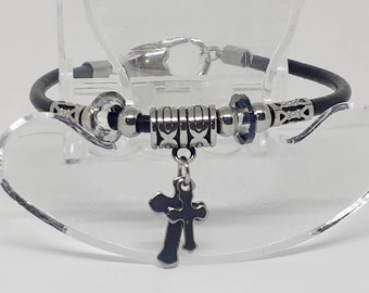 Double Cross Angel Ring Black leather and stainless Steel Friendship Bracelet