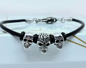 Black Leather skull charm bracelet with large heart lobster clasp
