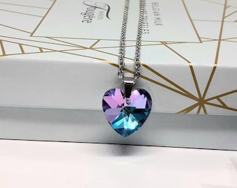 Aurora borealis crystal heart pendant necklace 18mm purple blue glass