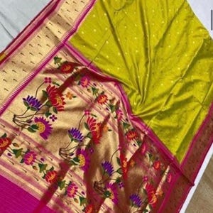 New Benaras Paithani Soft Muniya Weaving Border and Pallu. Paithani Brocade Stitched Blouse, Boatneck. Fall on Saree