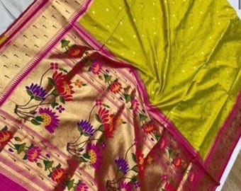 New Benaras Paithani Soft Muniya Weaving Border and Pallu. Paithani Brocade Stitched Blouse, Boatneck. Fall on Saree