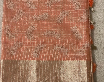 New Soft Kora Organza Saree Zari Border Embroidered Motifs Peach Unstitched Blouse Fall added