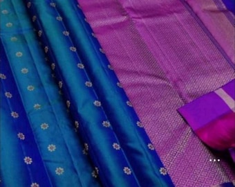 New Kanjeevaram Kanchi Soft Silk Saree with  Allover Small Booties, Fall added, Embroidered hand work Stitched Contrast Blouse Blue Purple