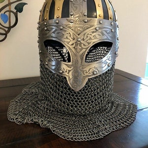 Medieval Viking chain mail helmet, brass helmet