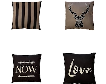 Juego de 4 fundas de almohada negras y grises y 1 corredor de mesa, patrón de amor y ciervo Una impresión lateral Decoración del hogar