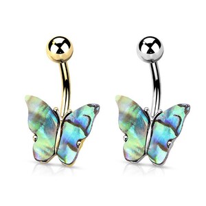 Abalone Shell Paua shell Covered Butterfly 316L Surgical Steel Belly Button Ring