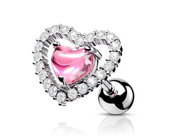 Heart shaped stud with clear and pink cubic zirconia, bar, barbell, labret, ear, helix, conch, lobes, tragus, UK seller