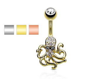rini_mc2 1 Pc Clear CZ Paved Octopus Navel Belly Button Ring rini_mc2 1 Pc Clear CZ Paved Octopus Navel Belly Button Ring