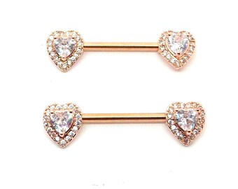 SINGLE Rose Gold PVD gecoat 1.6/14mm Tepel bar met hartvormige kubieke zirconia eindigt Britse verkoper