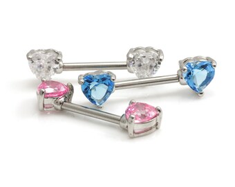 Double front facing heart prong set nipple bar, cubic zirconia ,1.6mm by 12mm,14mm,UK seller