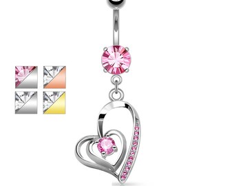 CZ Centered Double Heart with Micro Pave CZ Dangle 316L Surgical Steel Belly Button Navel Rings, worldwide shipping, UK seller