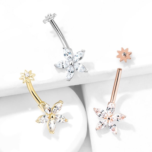 5 Marquise CZ Pétales Fleur avec Centre CZ fileté à l’intérieur Petite fleur Top 316L Chirurgicale Acier Nombril Anneaux