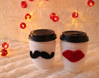 Couples cup cozy , Valentine's day cozy, crochet cup cozy, mustache cozy cup , lips cozy cup, Valentine's day gift ,personalized gifts