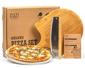 Cuzi Gourmet Large Pizza Making Kit (4 Pcs) - All-Natural Cordierite Baking Stone, Bamboo Peel & Cutter - Large Pizzas for Grill, Oven, BBQ