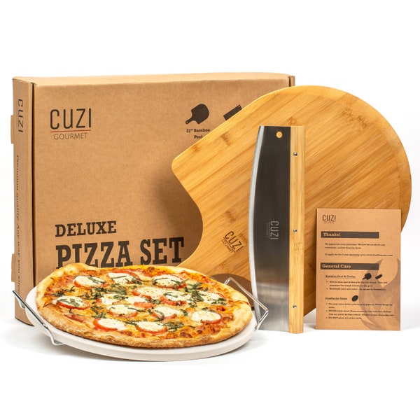 Cuzi Gourmet Large Pizza Making Kit (4 Pcs) - All-Natural Cordierite Baking Stone, Bamboo Peel & Cutter - Large Pizzas for Grill, Oven, BBQ