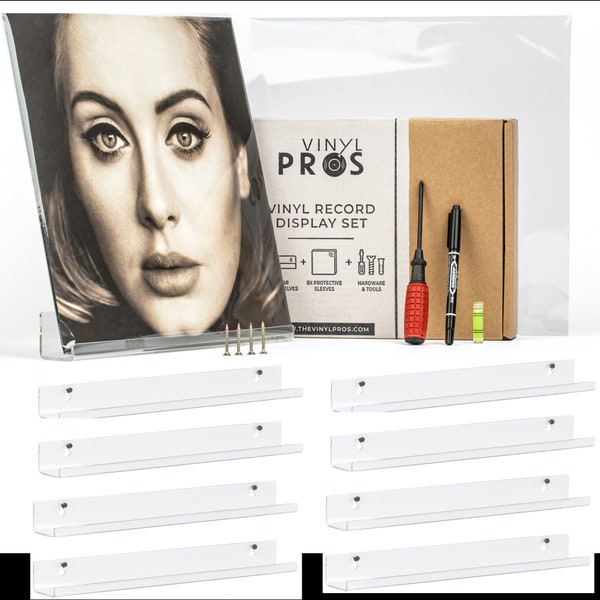 Vinyl Record Display Set - 8 Pack Clear Acrylic Floating Shelves and 8 Record Protective Sleeve Covers - Installation Hardware and Tools