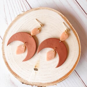 Copper and pink polymer clay dangle earrings - western style earrings - half moon shape earrings