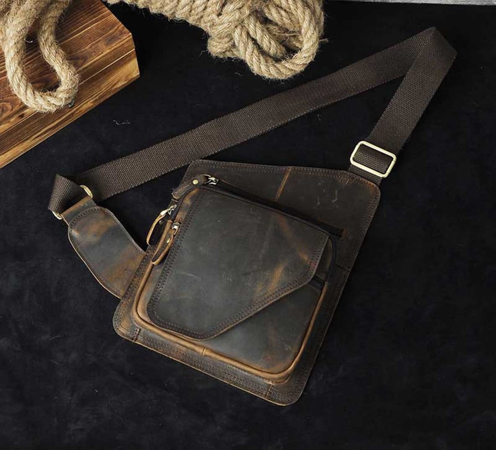 Kattee Unisex Crazy Horse Leather Small Messenger Shoulder Bag Dark Brown 