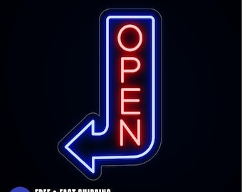 Vertical Neon Open Sign with Arrow – LED Waterproof Sign for Storefronts, Bars, Cafes, Restaurants, Shops – Custom Business Sign