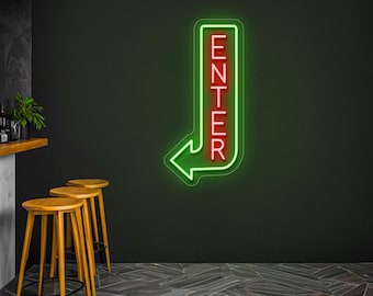 Enter Neon Sign with Vertical Arrow, Battery Powered LED Open Entrance Light, Vertical Business Battery Open Sign, Custom Welcome Neon