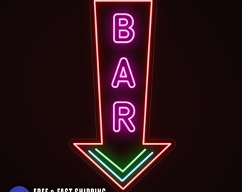 Neon Bar Arrow Sign Down: Outdoor Vertical LED Neon for Business, Waterproof Light Restaurant Bar Wall Decor, Large Arrow Custom Bar Neon
