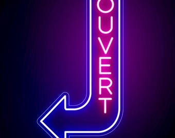 Open Neon Sign with Arrow in French, Ouvert Vertical Led Sign, Outdoor Cafe Open Direction Neon Sign, Personalized Coffee Bar Open Neon Sign