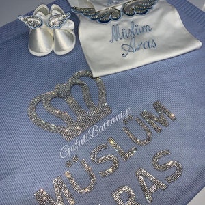 Personalized Baby Blanket with Crystal Swarovski Stone (SILVER) Blue