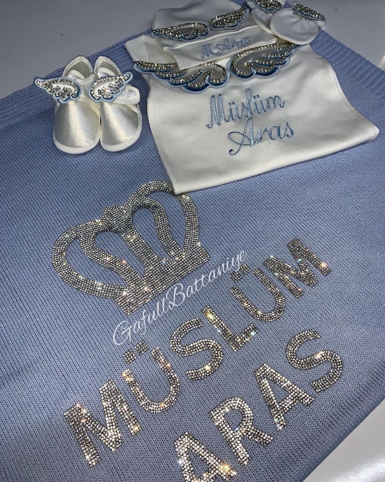 Personalized Baby Blanket with Crystal Swarovski Stone (SILVER) Blue