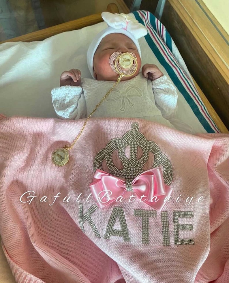 Personalized Baby Blanket with Crystal Swarovski Stone (SILVER) Pink