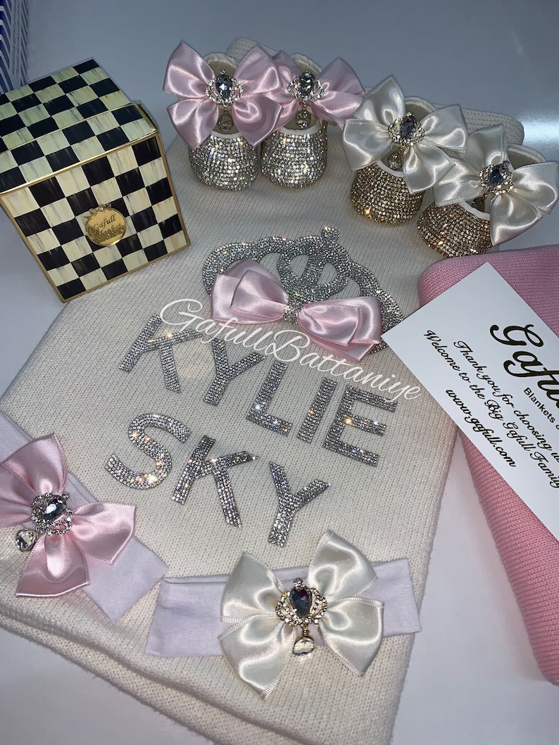 Personalized Baby Blanket with Crystal Swarovski Stone (SILVER) Off White