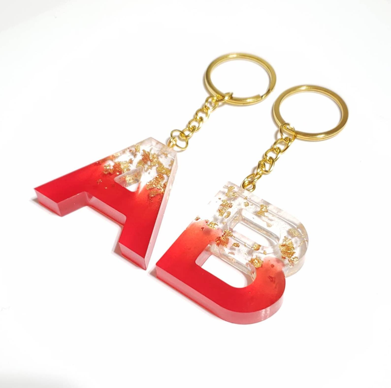 Resin letter keychain red with gold flake clear initial Etsy