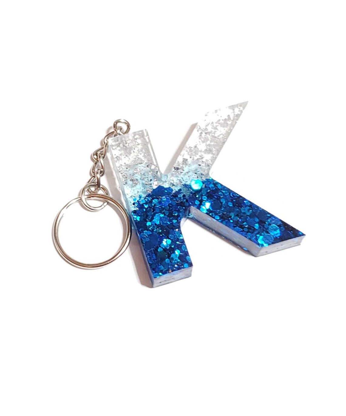 Resin letter keychain with silver flakes and blue glitter Etsy