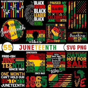 May include: A collage of Juneteenth-themed designs on a black backdrop. The graphics include text such as "Black Father, Black Leader, Black King," "Juneteenth Vibes," and "Breaking Every Chain." The colour scheme uses red, yellow, green, and black.